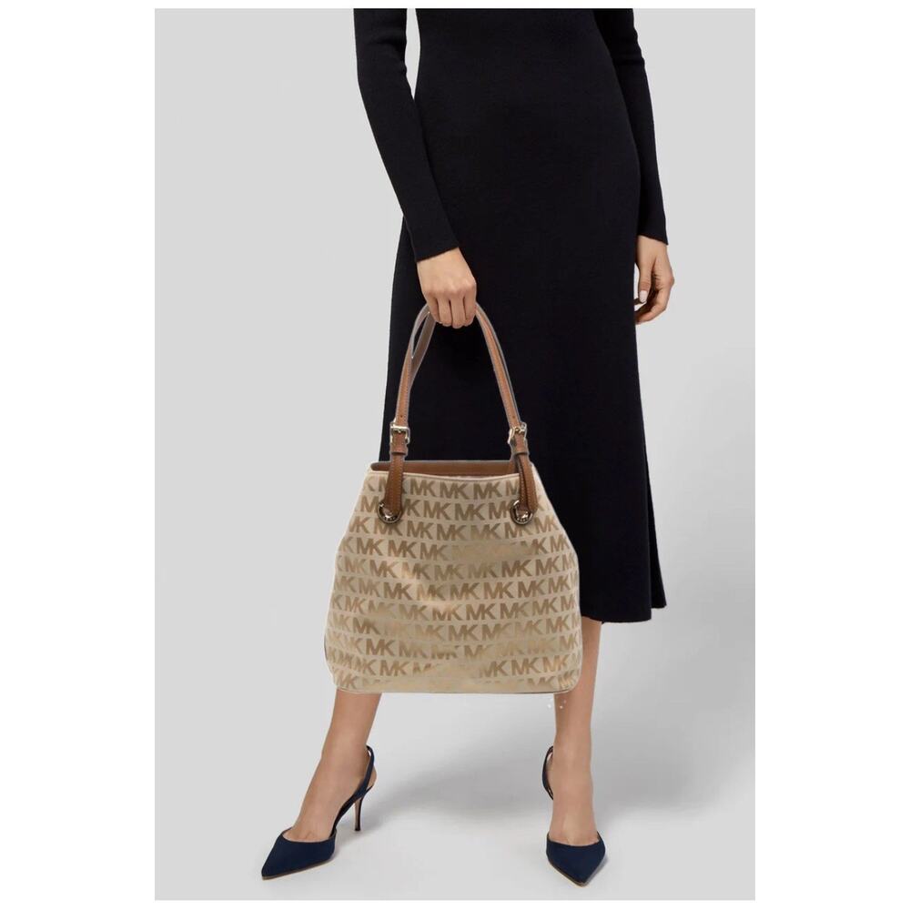 Michael Kors MK Logo Jacquard Tote Bag Tan Brown Leather Trim Shoulder Purse